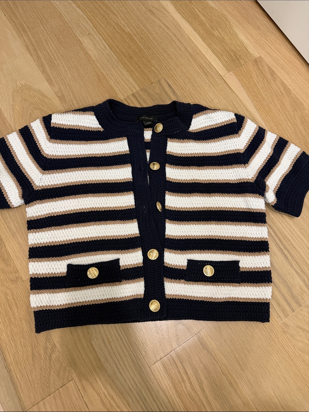 Ann Taylor Navy, White & Tan Striped Short-Sleeve Cardigan